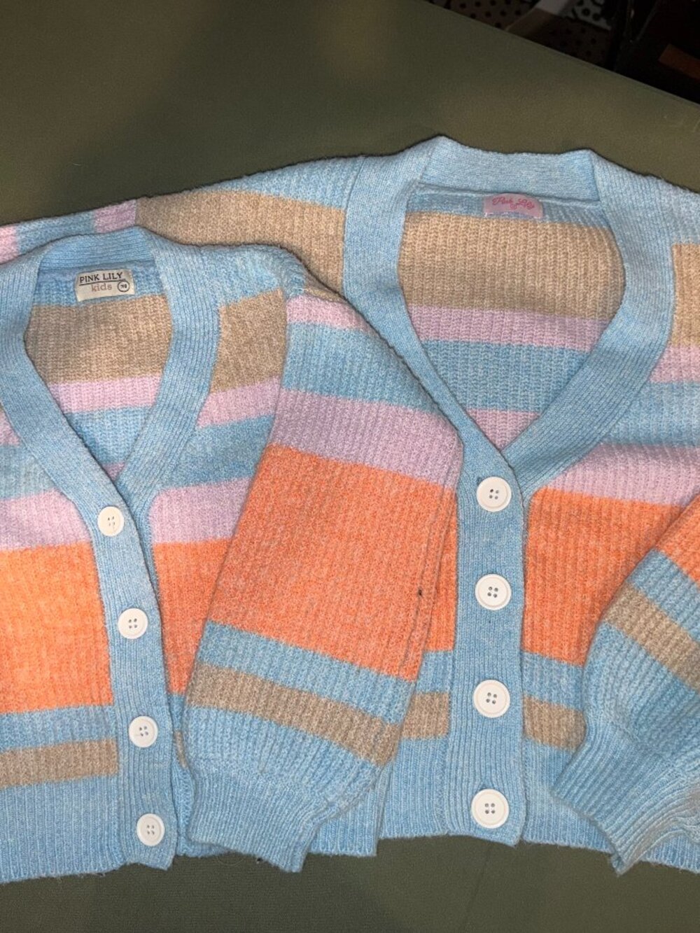 Pink Lily Mommy & Me Matching Striped Cardigan Sweater Set – Adult M + Kids M 7/